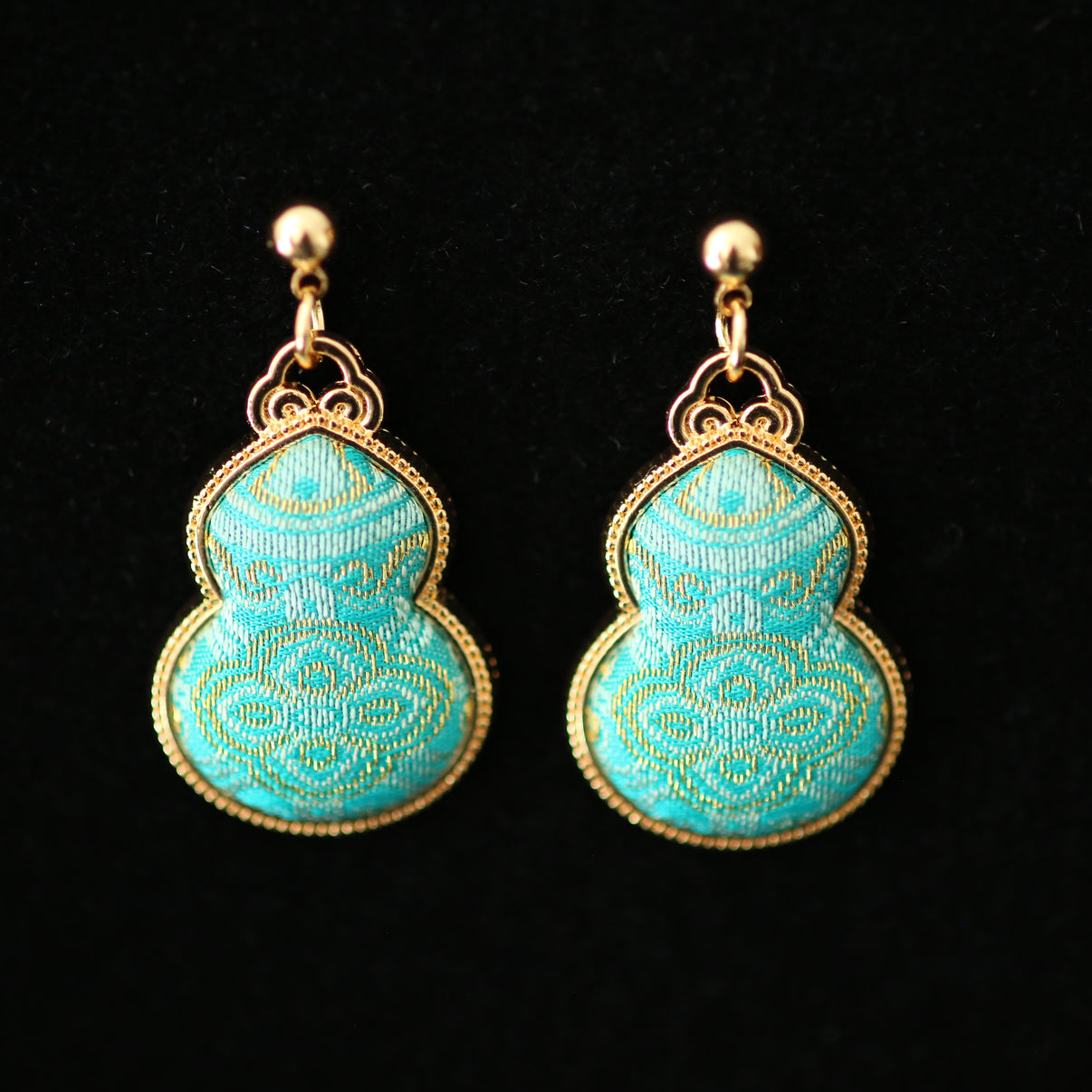 Handmade Song brocade gourd blue-green earrings for women
